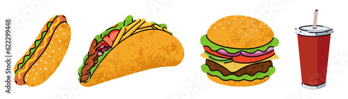 fast food, cartoon icons set, simple flat style, street high calorie food illustration.