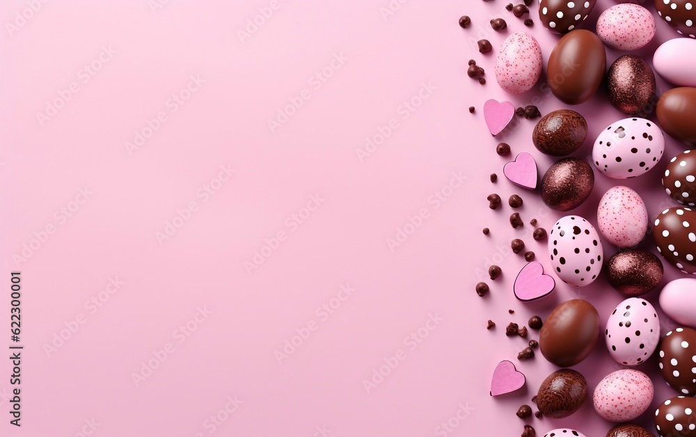 A colorful background with chocolate Easter eggs and sprinkles. AI