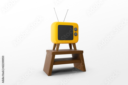 Yellow Cartoon TV with Wooden Stand on white background