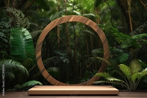 Rain forest with empty podium. Illustration AI Generative.