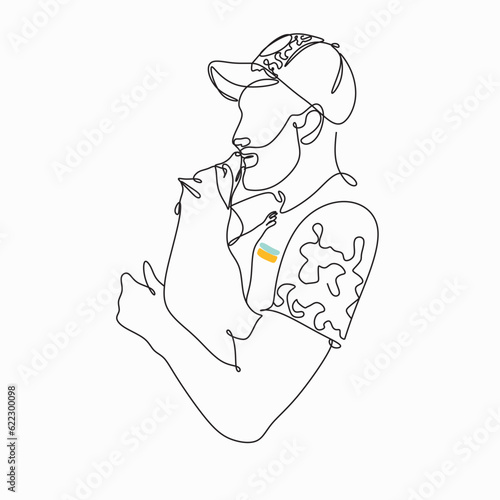 Ukrainian soldier with racoon line drawing, friendship between an animal and its savior, a man with raccoon, cat, deer continuous line art
