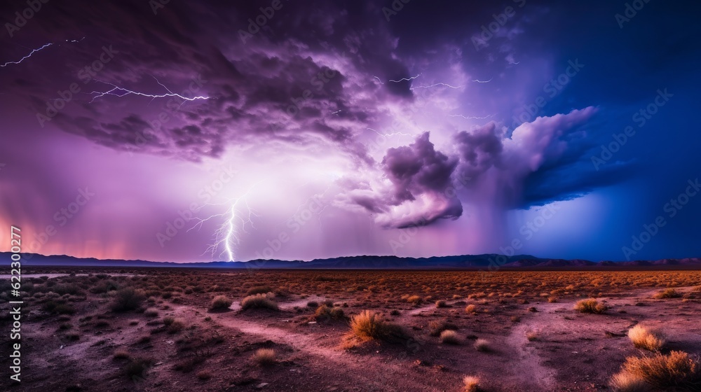 Night power thunderstorm with lightning over the Nevada desert. Generative AI 1
