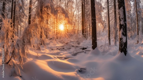 Winter nature landscape shot at sunset with many fluffy snow Generative AI 2