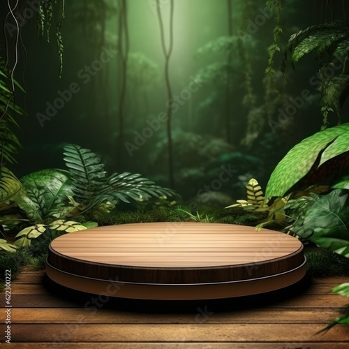 Rain forest with empty podium. Illustration AI Generative.