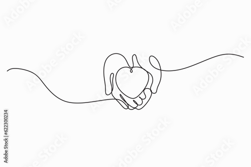 Hands with heart continuour line drawing art vector. Minimalist support help donations cardiology relationship logo