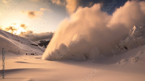 Winter nature landscape shot which captures a powerful snow avalanche. Sunset with many fluffy snow. Generative AI 4