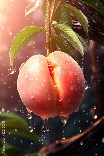 Ripe peach fruit. Illustration AI Generative.