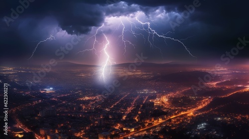 Night power thunderstorm with lightning over the city. Generative AI 1