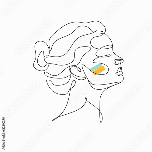 Ukrainian Woman Line Art Minimalist Logo. Ukraine country girl portrait. Patriotic Feminine Illustration line drawing. Woman face with Ukrainian flag on chik