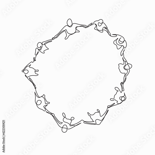 People stand in a circle and hold hands. One line top view. A symbol of unity, support, friendship