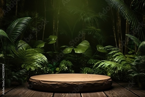 Rain forest with empty podium. Illustration AI Generative.
