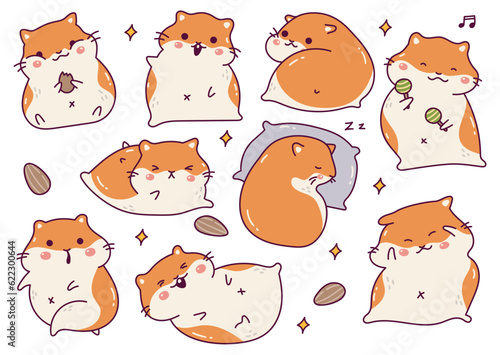 Cute Hamster Cartoon Set isolated on White Background
