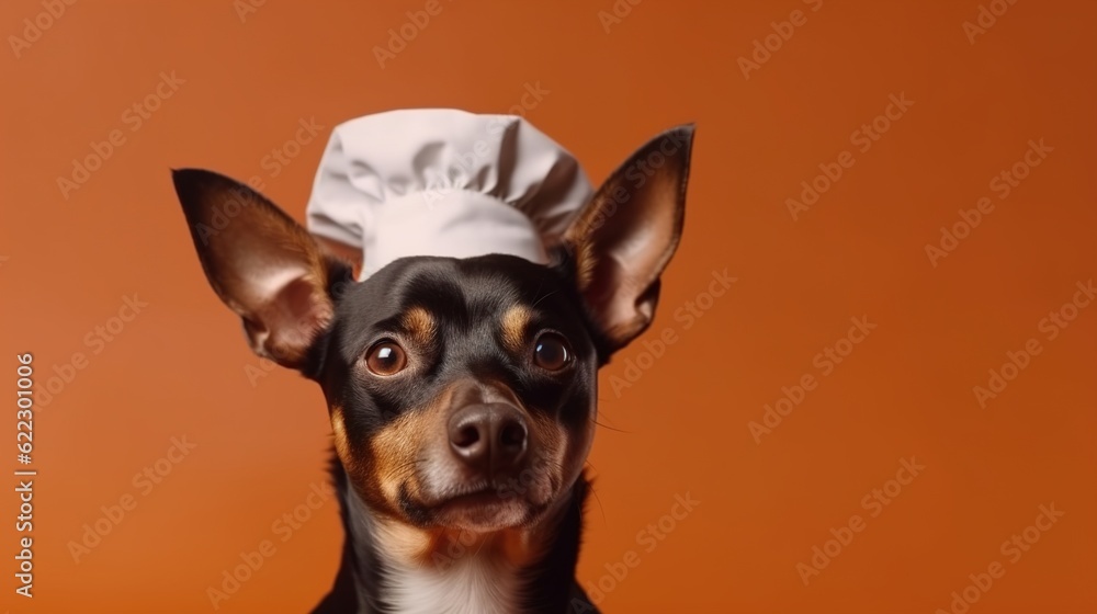 Dog in a chef's hat on a brown background. AI generation