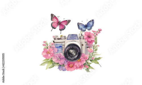 Watercolor Camera And Butterfly, Vintage photo camera with bouquets of flowers, branches and butterfly