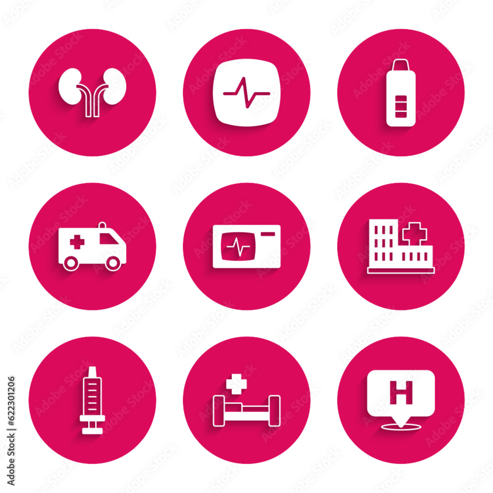 Set Monitor with cardiogram, Hospital bed, Location hospital, building, Syringe, Ambulance, Digital thermometer and Human kidneys icon. Vector Set Monitor with cardiogram, Hospital bed, Location hospital, building, Syringe, Ambulance, Digital thermometer and Human kidneys icon. Vector