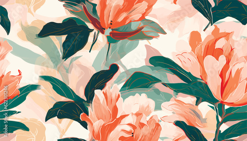 Abstract pattern with peonies. Creative collage contemporary seamless pattern. Natural colors. Fashionable template for design.