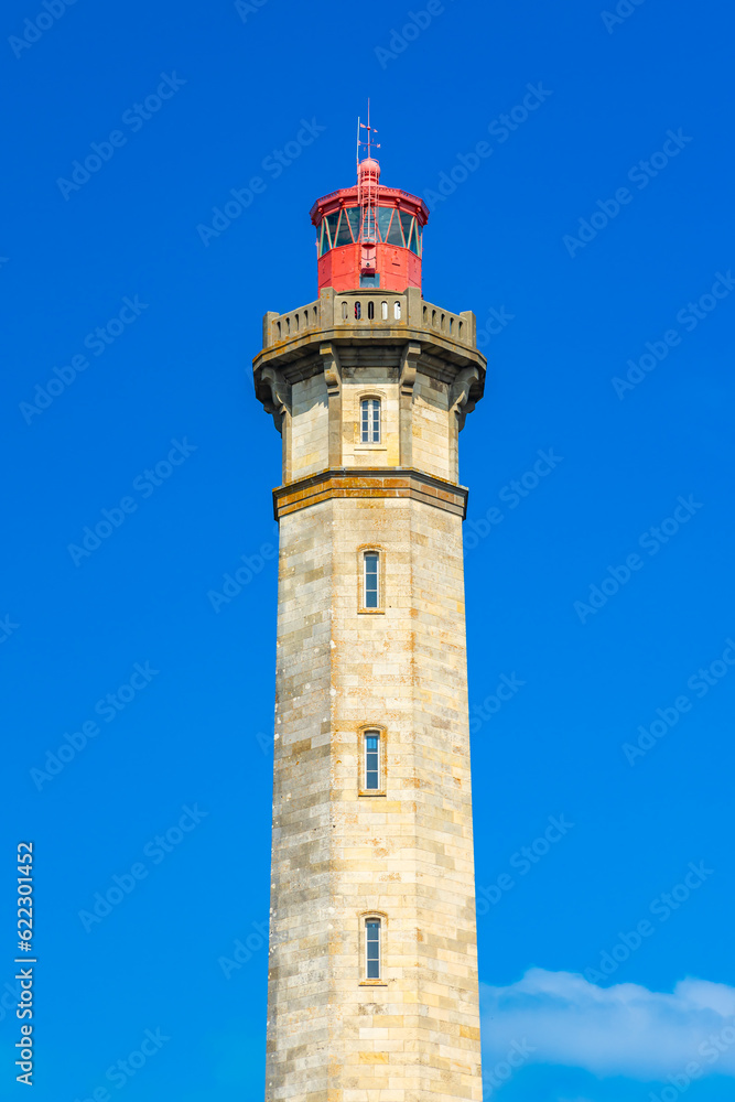 Red top of the Phare des Baleines lighthouse in Saint-Clément-des-Baleines, France