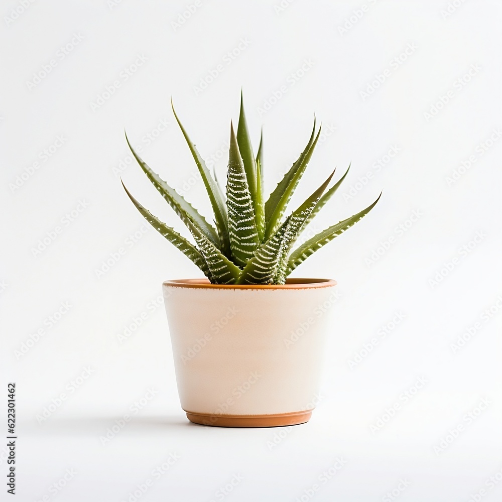 Cute mini Aloe plant in a pot white background depth.