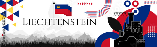 Liechtenstein Independence Day abstract banner design with flag and map. Flag color theme geometric pattern retro modern Illustration design. Blue and red flag color template.