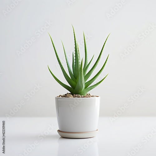Cute mini Aloe plant in a pot white background depth.
