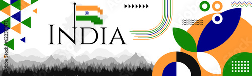 India Independence Day abstract banner design with flag and map. Flag color theme geometric pattern retro modern Illustration design. Orange, Blue and Green flag color template.