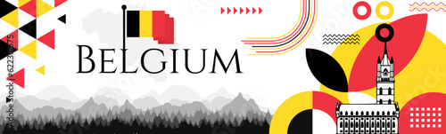 Belgian National Day abstract banner design with flag and map. Flag color theme geometric pattern retro modern Illustration design. Yellow and Red flag color template.