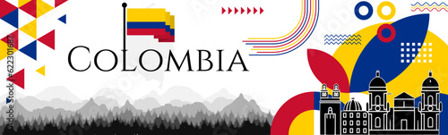 Colombian Declaration of Independence Day abstract banner design with flag and map. Flag color theme geometric pattern retro modern Illustration design. Yellow, Blue and red flag color template.