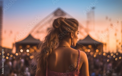 A woman enjoying a live concert and standing in front of a enthusiastic crowd. AI