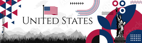 United States Independence Day abstract banner design with flag and map. Flag color theme geometric pattern retro modern Illustration design. Blue and red color template.