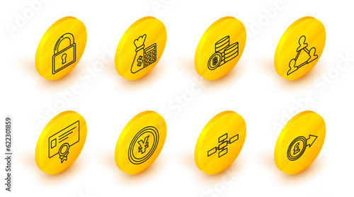 Set line Coin money with pound sterling symbol, Yen, Certificate template, Project team base, Cryptocurrency coin Bitcoin, Calculator bag and Lock icon. Vector