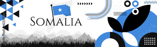 Somalia independence day abstract banner design with flag and map. Flag color theme geometric pattern retro modern Illustration design. Blue flag color template.