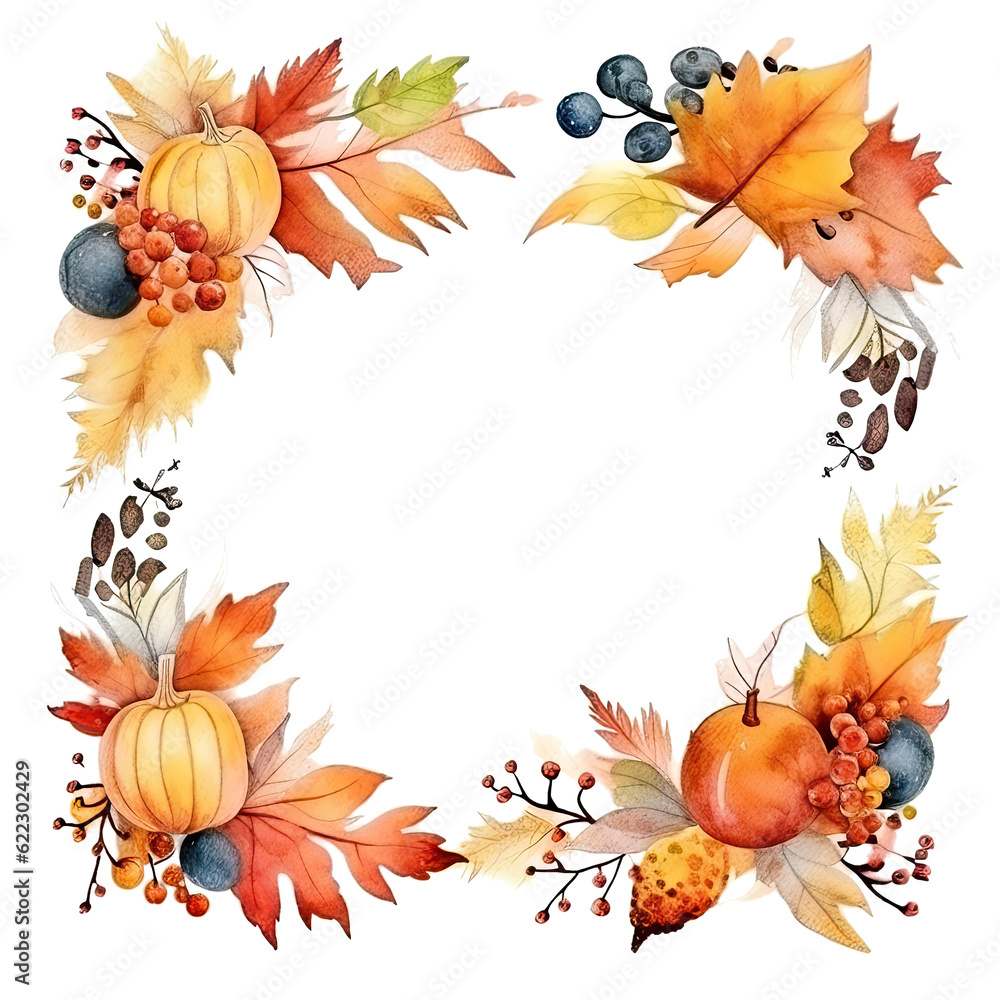Fototapeta premium Watercolor Autumn frame. Illustration AI Generative