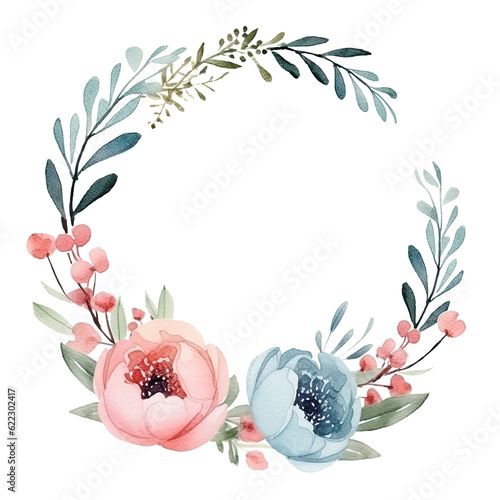 Watercolor floral frame.  Illustration AI Generative.