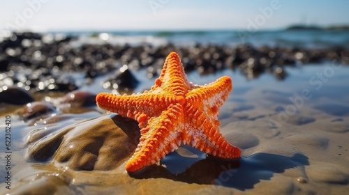 big big orange starfish on the seashore. summer concept. Generative Ai