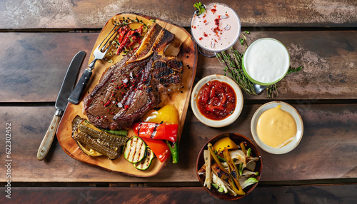 Overhead view of colorful roast vegetables, savory sauces and salt served with grilled t-bone steak on a rustic wooden counter in a country steakhouse