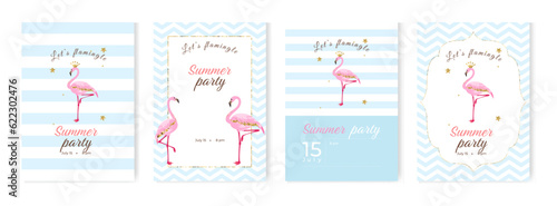 Summer cocktail party invitations set with flamingos, glitters and stars