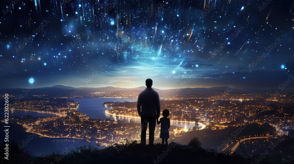 Fototapeta premium girl at cliff with starry sky over city lights boom as background,