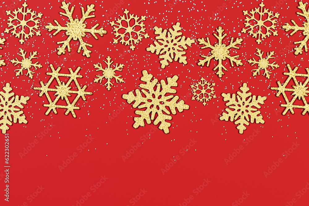 Beautiful Shiny Golden Snowflakes on Red Background for Winter Season Design Beautiful Shiny Golden Snowflakes on Red Background for Winter Season Design