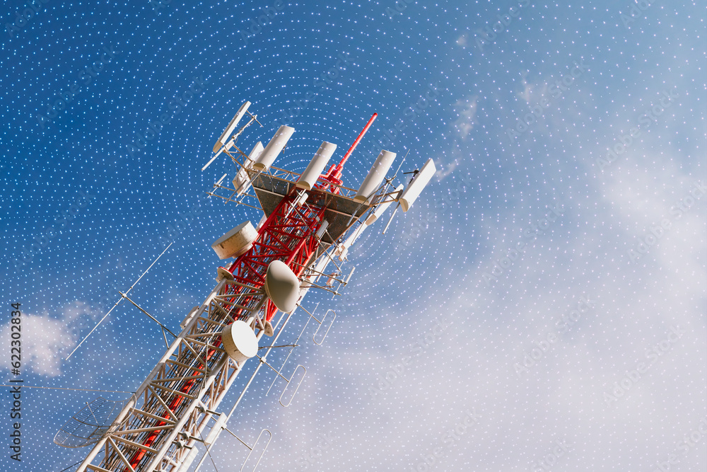 Cell phone tower emits 5G signals. The antenna transmits electromagnetic waves. - obrazy, fototapety, plakaty 