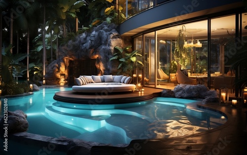A modern living room with a stunning indoor pool as its centerpiece. AI