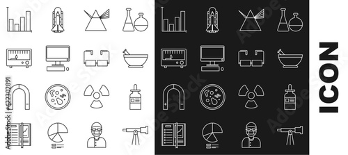 Set line Telescope, Mortar and pestle, Light rays in prism, Computer monitor keyboard mouse, Electrical measuring instruments, Pie chart infographic and Glasses icon. Vector
