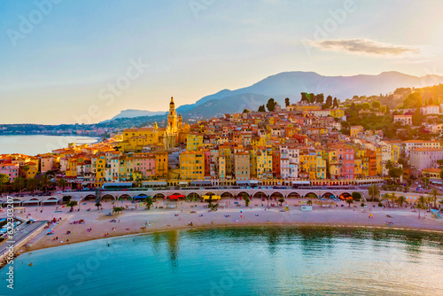 colorful old town Menton on the french Riviera, France. Drone aerial view over Menton France Europe.