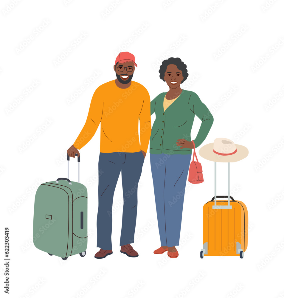 Elderly black woman and man with luggage. Vector cartoon flat style illustration Elderly black woman and man with luggage. Vector cartoon flat style illustration