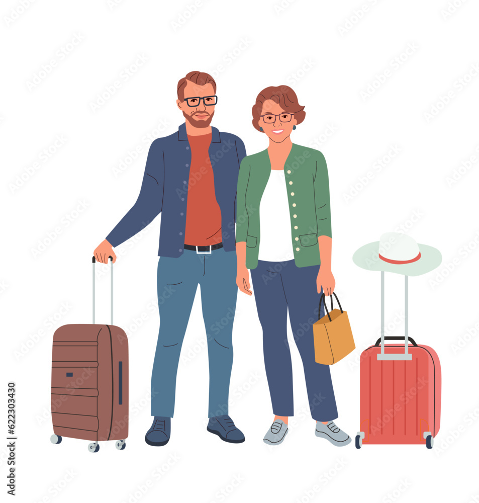 Elderly woman and man with luggage. Vector cartoon flat style illustration Elderly woman and man with luggage. Vector cartoon flat style illustration