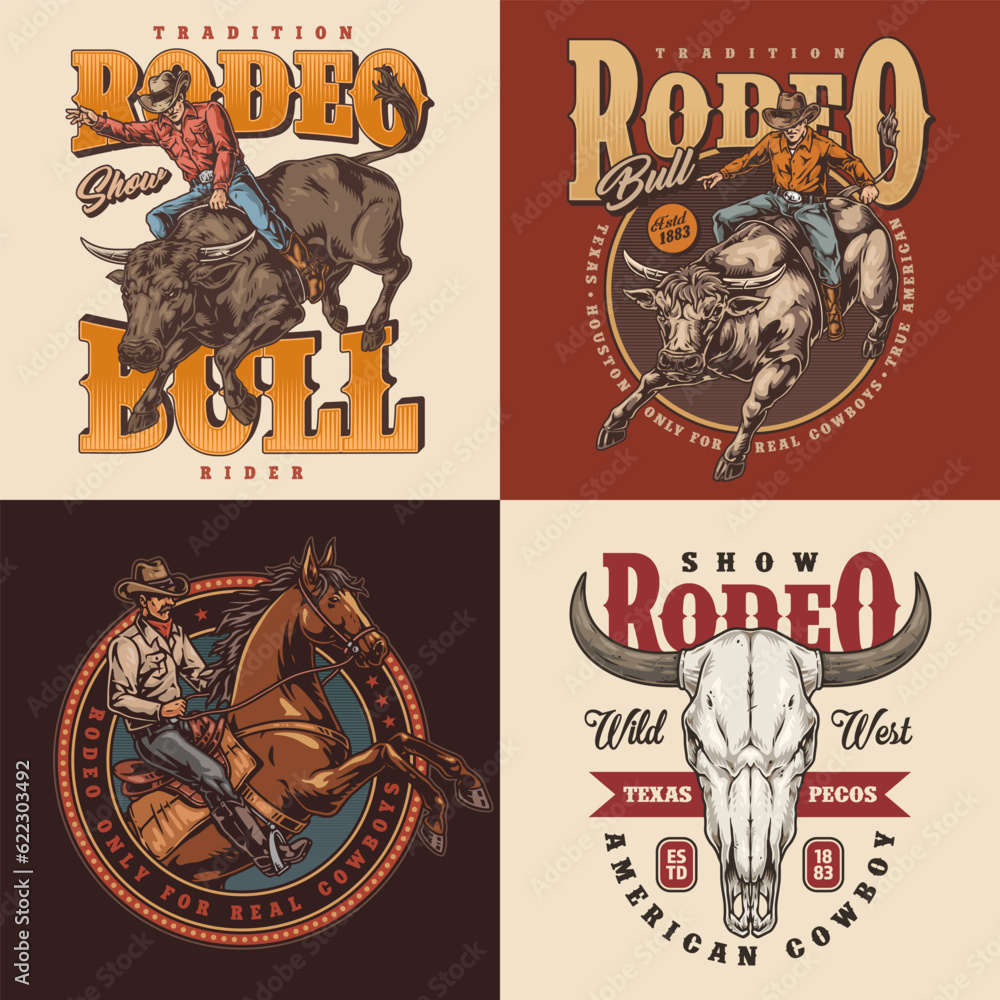 Cowboy rodeo colorful set posters
