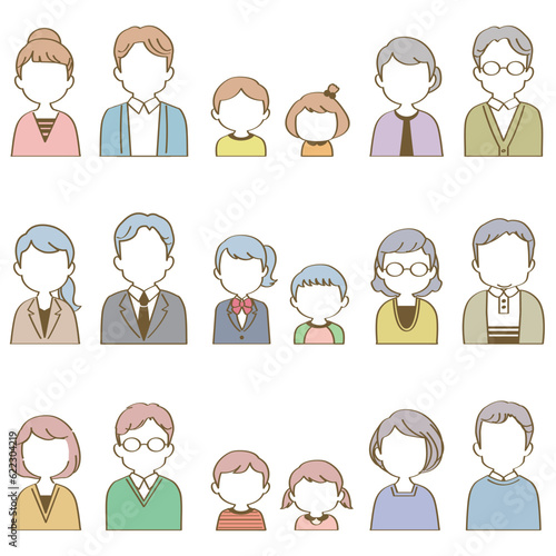 イラスト素材セット：匿名表情なしで正面を向いた3組の3世代家族（バストアップ/手描き風主線/アイコン）
