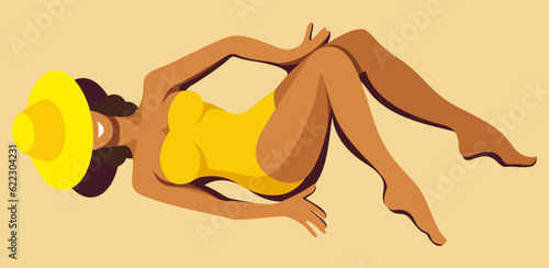 vector image of a beautiful tanned girl with a perfect figure in a yellow retro swimsuit and a hat is sunbathing on the beach on a sand. useful for summer holidays, resorts, hotels, beaches, vacations