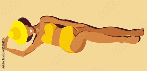 vector image of a beautiful tanned girl with a perfect figure in a yellow retro swimsuit and a hat is sunbathing on the beach on a sand. useful for summer holidays, resorts, hotels, beaches, vacations