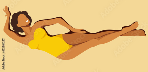 vector image of a tanned girl with a perfect figure in a yellow retro swimsuit sunbathing on the beach against the background of sand. useful for summer holidays, resorts, hotels, beaches, vacations.