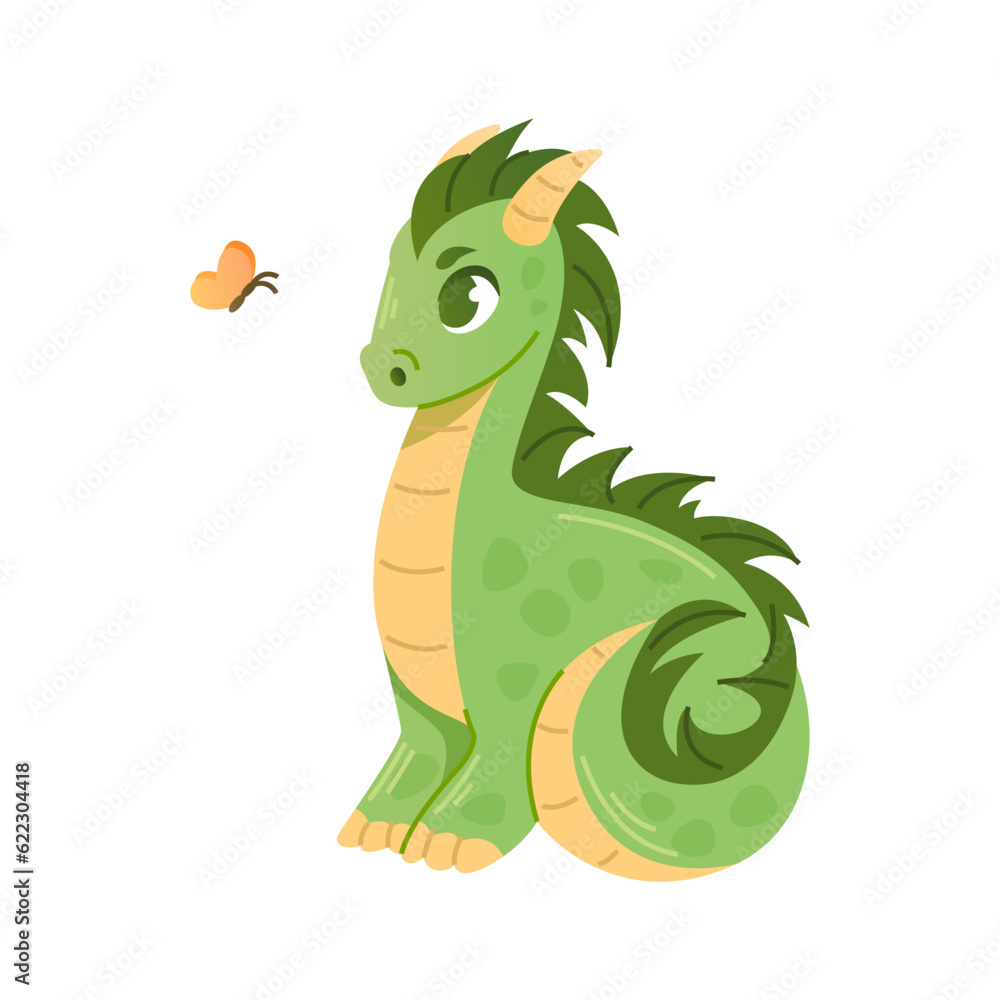 Obraz premium Small cartoon green dragon sits and looks at a butterfly.